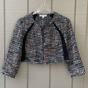 Kay Unger Multicolor Cropped Tweed Jacket with Black, Pink and Blue Accents